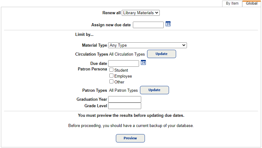 Global renew for library materials.